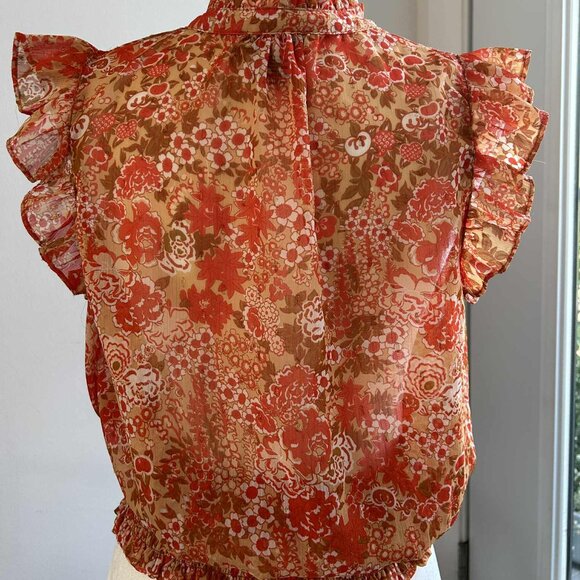 Rachel Zoe Orange Chiffon Floral Metallic Flutter Blouse with Smocked Hem – US M - Picture 3 of 8